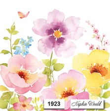 (1923) TWO Individual Paper LUNCHEON Decoupage Napkins - WATERCOLOR FLOWERS picture