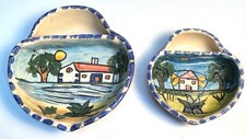 Vtg Folk Art Portugal Set Of 2 Handmade And Painted Clay Dishes Artist Signed picture