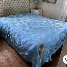 Vtg Italian Bedspread Coverlet Blue Satin Damask Roses TasselS 95x95*READ picture