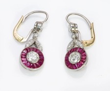 Art Deco Vintage Lab Created Diamond Ruby Halo 14K White Gold Plated Earrings picture
