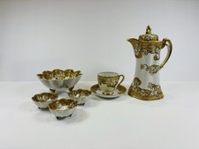 Vintage Hand Painted Japan Moriage Chocolate Set Coffee Pot Cup Bowls 7 Pc Gold picture