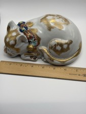 Antique Kutani Sleeping Cat Japanese Heavy Porcelain Gold Gilded Nemuri Neko picture