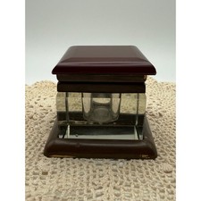 Vintage Heavy Glass Inkwell Bronze Base Burgundy Beveled Lid Antique Desk Decor picture