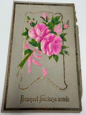 Vintage French New Year Postcard Pink Roses Embossed Gilt Art Nouveau Era picture