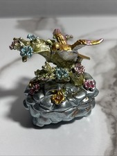 Vintage Pewter Crystal Bird Flowers Trinket Box Excellent Condition picture