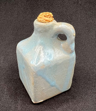 Handmade Studio Pottery Miniature Stoneware Jug Blue Glaze Square Moonshine Cork picture