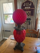 Antique GWTW LAMP Pittsburgh Red Satin Grapes Banquet Kerosene ALL ORIGINAL picture