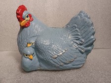1949 MCM Chalkware BANK Blue Hen w/ chicks Handpainted  Chicken 9