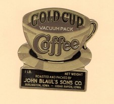 GOLD CUP COFFEE - JOHN BLAUL'S SONS BURLINGTON IOWA DIE-CUT 1 POUND LABEL picture