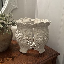 Vintage Cast Iron Footed Lattice Planter White Approx 9x9 Inches picture