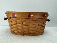 Vintage Apple Themed Woven Basket Wooden Oval Handles Rustic Farmhouse Cottage picture