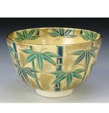 Kyoto Kiyomizu yaki ware porcelain Japanese Matcha Bowl Ninseitake Bamboo Gold picture