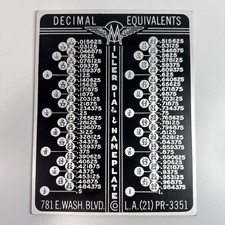 VINTAGE MILLER DIAL NAMEPLATE DECIMAL EQUIVALENTS TAP DRILL MACHINIST CHART USA picture