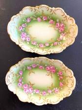 Antique AK Limoges France Porcelain Pickle Relish Dishes Pink Roses Pair picture