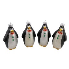 OWC Old World Christmas Blown Glass Penguin Red bow Tie Glitter Set Of 4 VTG picture