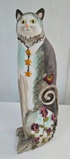 Vtg Whimsical E. Smithson 9” Tall Grey/White Cat W/Flowers🌸 Stars ⭐️ Birds🐤 picture