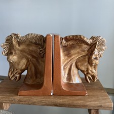 1976 MCM Ceramic Horse Head Bookends Pair Signed Vintage Equestrian Decor picture