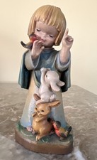 Vintage ANRI Ferrandiz Girl W/ Bunnies & Birds Wooden Figurine 6” Italy picture