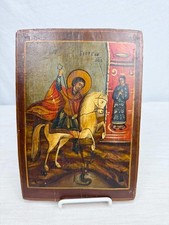 Antique 19th C Orthodox Icon St George Slaying Dragon Hand Painted Tempera Wood picture