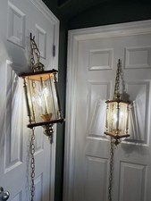 VTG Hexagonal Etched Glass Panel,Oak & Brass Double Swag Hanging Chandelier picture
