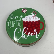 Holiday Cookie Tin Have a Cup of Cheer Christmas Gingerbread 7in round  picture