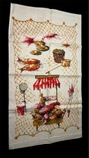 NWT Vtg MCM midcentury Fish Market lobster crustacean linen Print tea towel picture