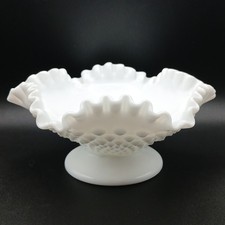 Vintage Fenton Hobnail Milk Glass Crimped Ruffled Footed Bowl Candy Dish 8