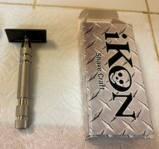 iKon ShaveCraft Double Edge Metal Safety Razor Silver Handle Black Head w/ Box picture