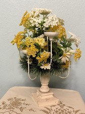 Vtg 60’s Mid Century Metal Candle Holder Candelabra Yellow White Flowers 16 In picture