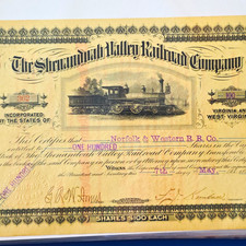 1883 Shenandoah Valley Railroad Stock Certificate 100 Shares picture