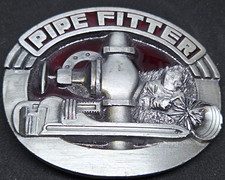 Vintage 1990s Siskiyou Pipe Fitter Pewter Belt Buckle 1992 Red Enamel F-8 USA picture