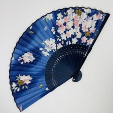 Vintage 1970s Japanese Lacquered Wooden Hand Fan Cherry Blossom Art On Cloth 20 picture