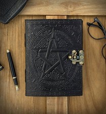 Handmade Wicca leather journal, black pentagram embossed blank spell book picture