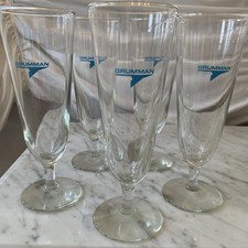 RARE ~ GRUMMAN Vintage SET OF 5 Footed Pilsner Beer Ale Glasses VIVID BLUE LOGO picture