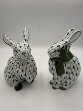 Vintage Herend Style Rabbits Bunnies w/Corn Green Fishnet Figurines Set Of Two picture