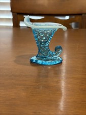 Vintage Fenton Glass Blue Opalescent Hobnail Cornucopia Horn Boot Candleholder picture