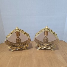 Pair VTG Hollywood Regency Gold Ormolu Rose Filigree Vanity Perfume Bottles picture