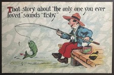 c1915 Valentine Postcard Fishing Fisherman Sounds Fishy Comic Humor Antique picture