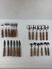 Wooden Handle Old Homestead Flatware Silverware Vtg Taiwan 24 Pieces picture