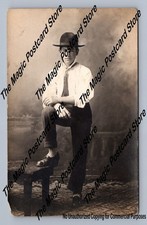 Young Man in Wide-Brim Hat & Tie RPPC Antique Studio Portrait Photo ~1910s picture
