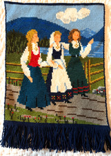 NORWEGIAN GIRLS IN BUNADS  Vintage wool tapestry embroidery wall hanging.  VGUC picture