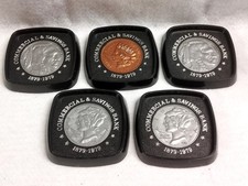 5 Plastic Vintage Commercial & Savings Bank Advertising Coasters Rare U.S. Coin picture
