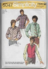 1970s Simplicity Sewing Pattern 5047, Men's VEST & SHIRTS, Size 38, Neck 15