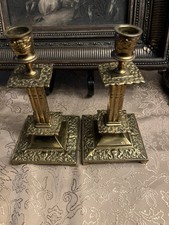 Antique VICTORIAN BRASS CANDLESTICKS - RENAISSANCE REVIVAL w/ Faces 7.75