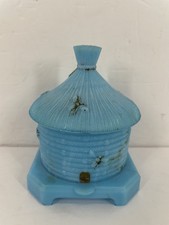 Vintage Blue Milk Glass Beehive Thatched Hut Honey Pot Candy Dish w/ Lid picture
