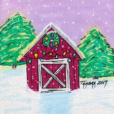 Tambra Original Art Painting Country Christmas Barn 2x2 Dollhouse Mini NOT ACEO picture