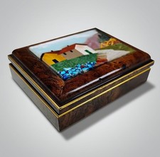 Pietra Dura Italian Burlwood Box Tuscan Landscape Stone Mosaic Brass Trinket picture