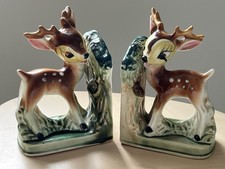 Vintage 40s Pastel Ceramic Bambi Baby Bookends Deer Fawn Fairytale Kitsch picture