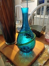 BLENKO JOEL MEYERS Crackle Glass Decanter 1960s MCM Turquoise Blue W/ Olive 11