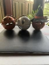 Vintage Halloween Set of 3 Jack O Lantern Pumpkin Ghost Bells Made Taiwan picture